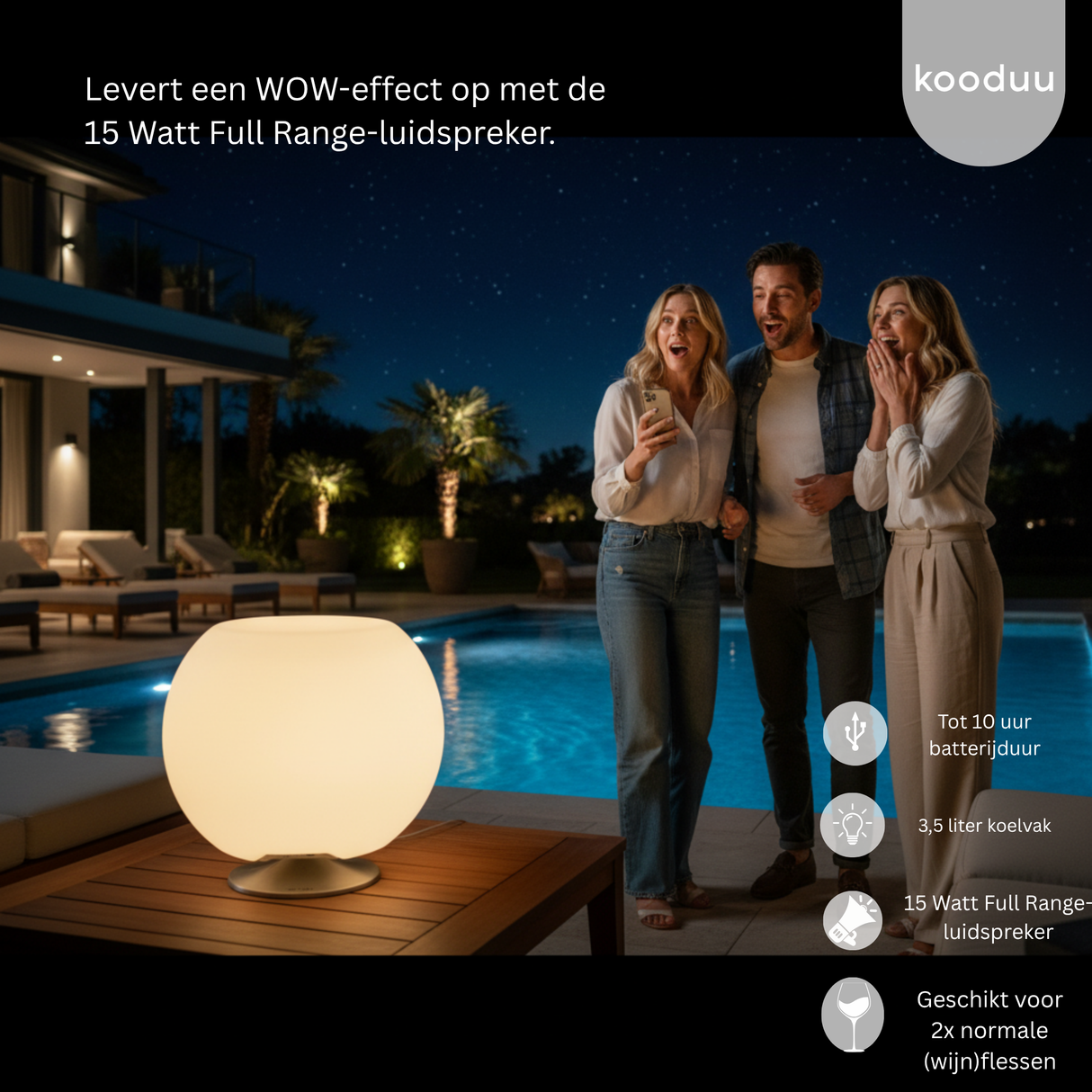 Kooduu Sphere Brushed Silver: LED Sfeerlamp, Bluetooth Speaker én Wijnkoeler in één
