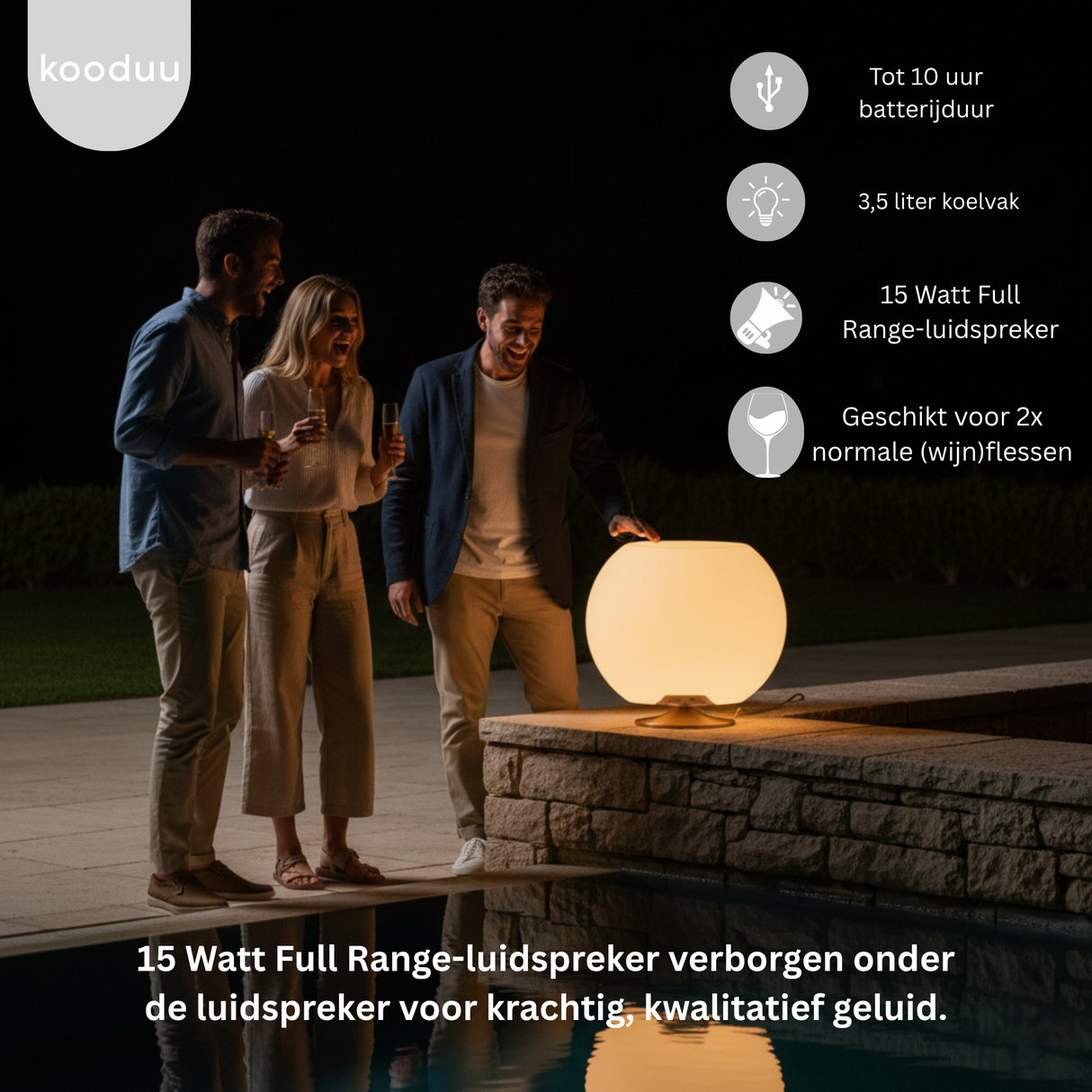 People standing around a glowing outdoor speaker with product features listed.