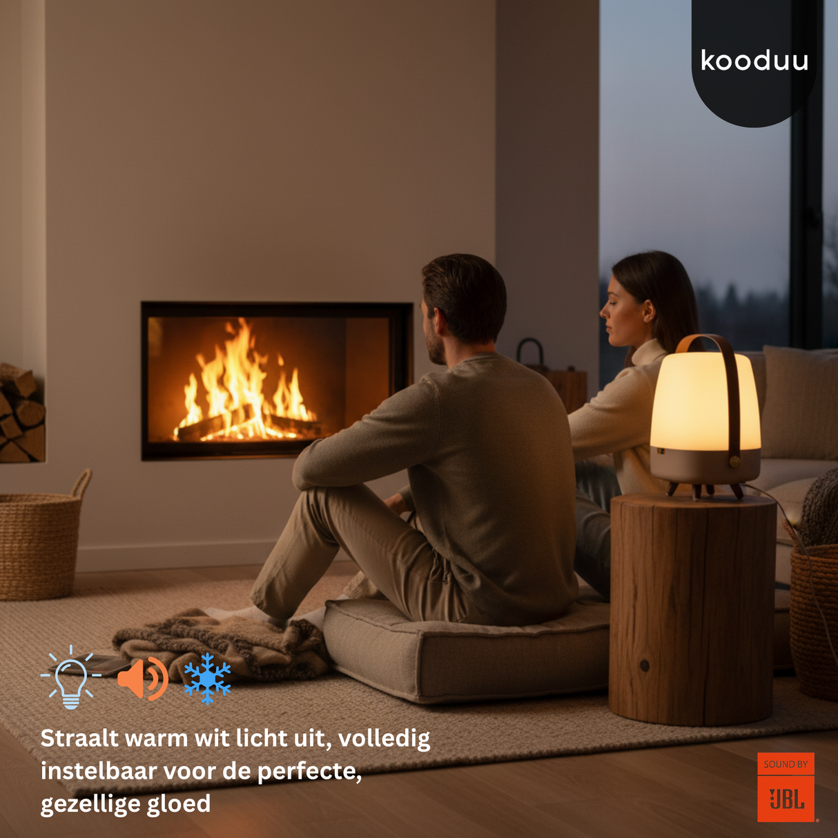 Couple sitting by a fireplace with a lamp, featuring the Kooduu brand.