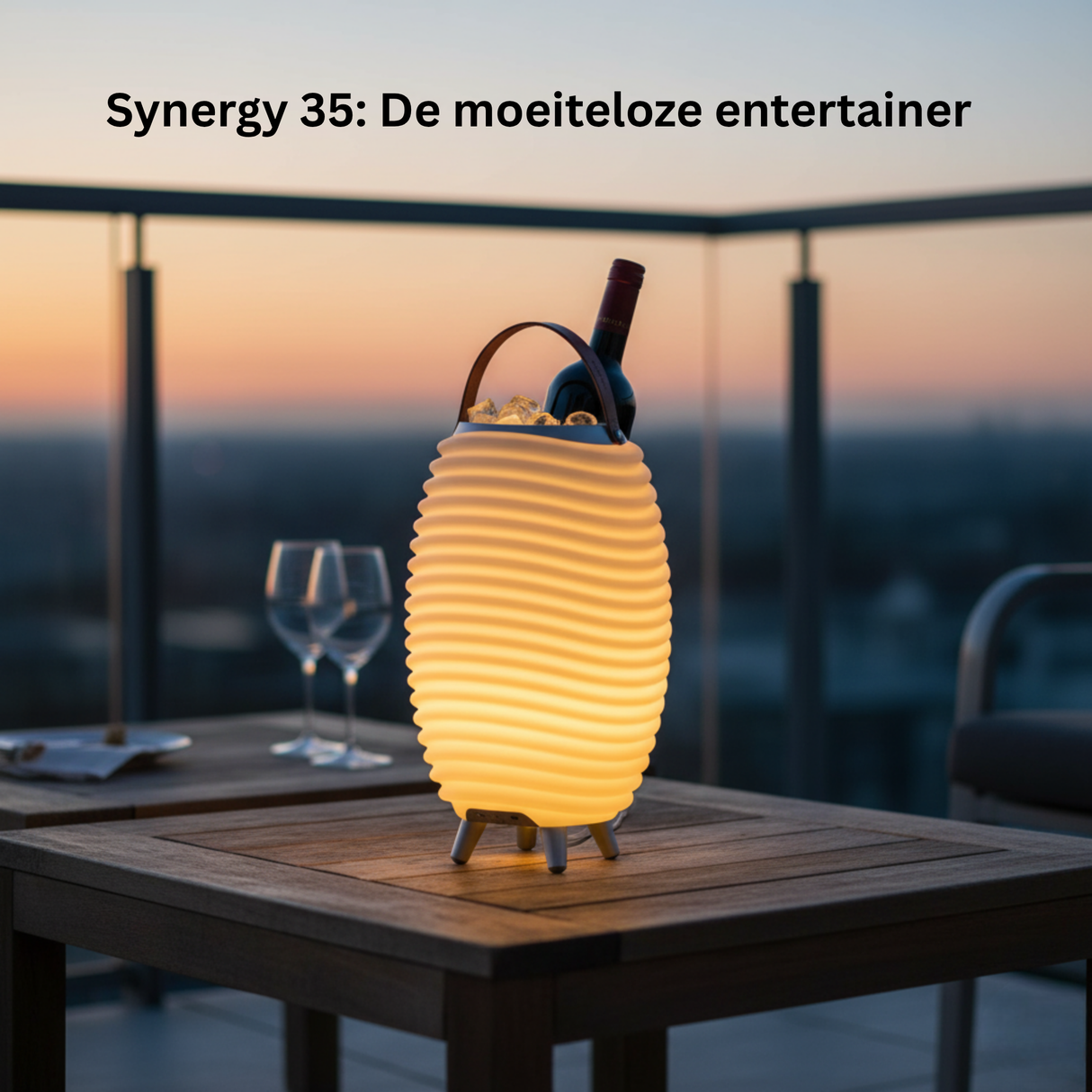 Lamp on a table with 'Synergy 35: The Effortless Entertainer' text and a sunset background.