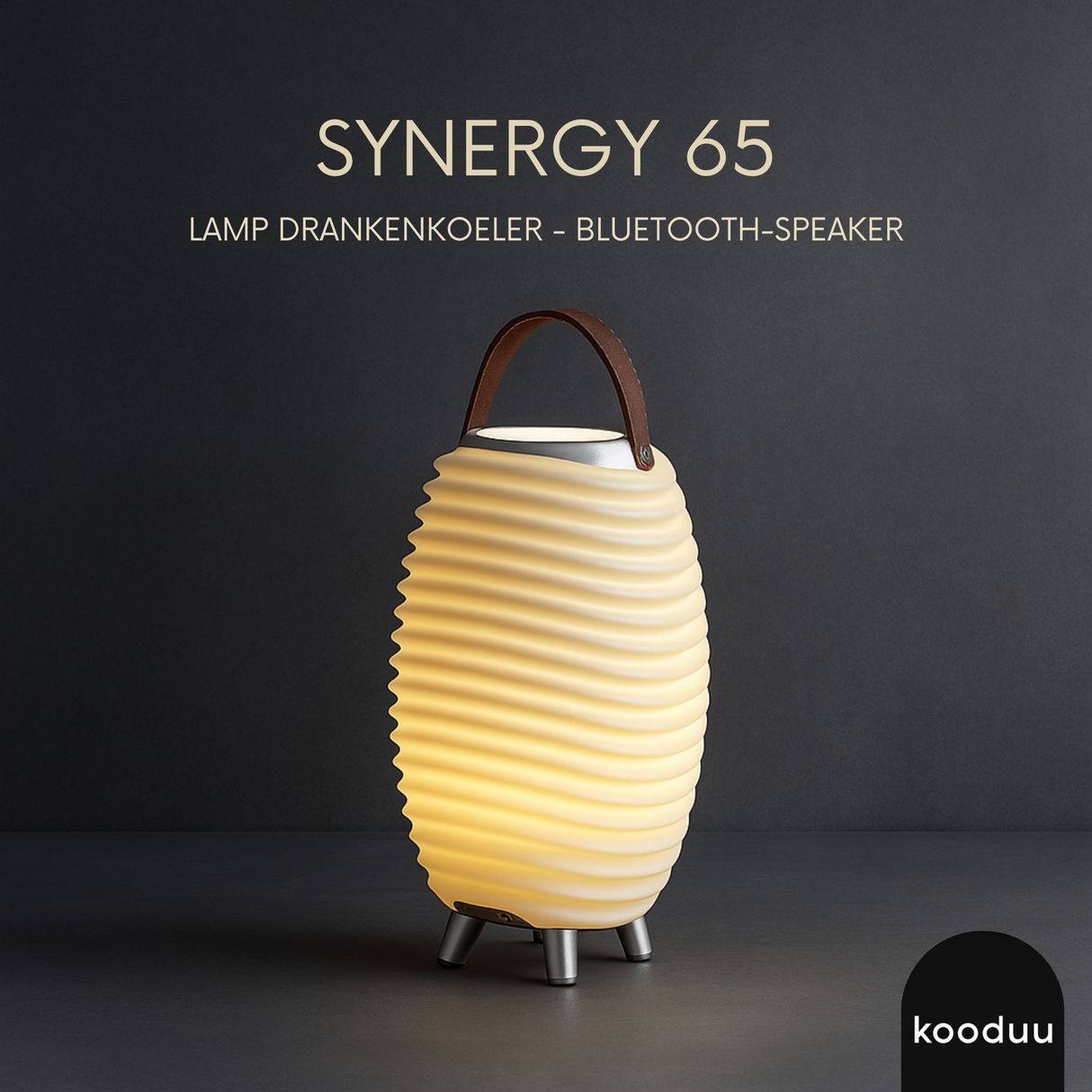 Lamp drink cooler with Bluetooth speaker labeled 'Synergy 65' on a dark background, featuring the brand 'kooduu'.