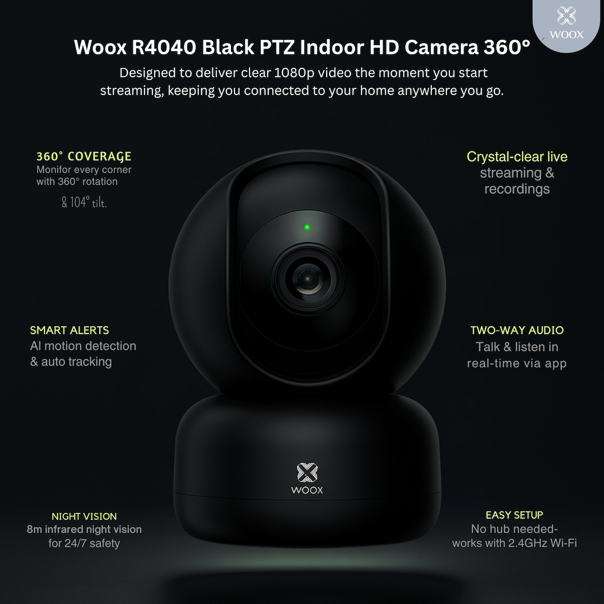Woox R4040 Black PTZ Indoor HD Camera 360° on a dark background with product features listed.