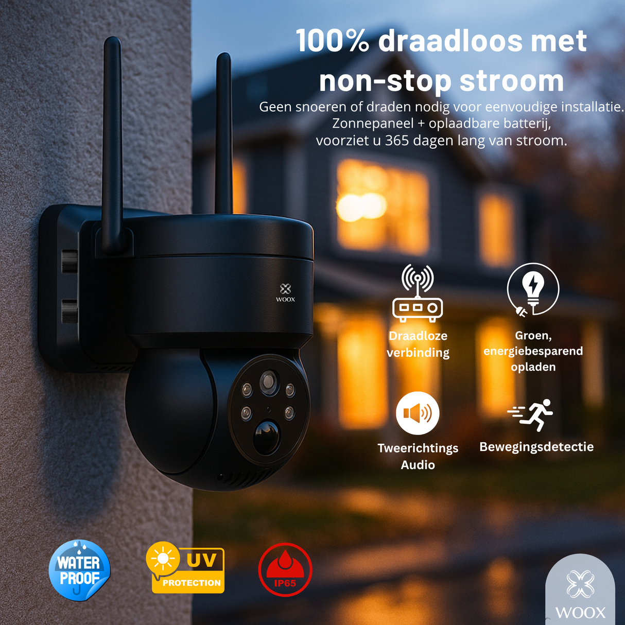 Wireless security camera with outdoor setting and features highlighted