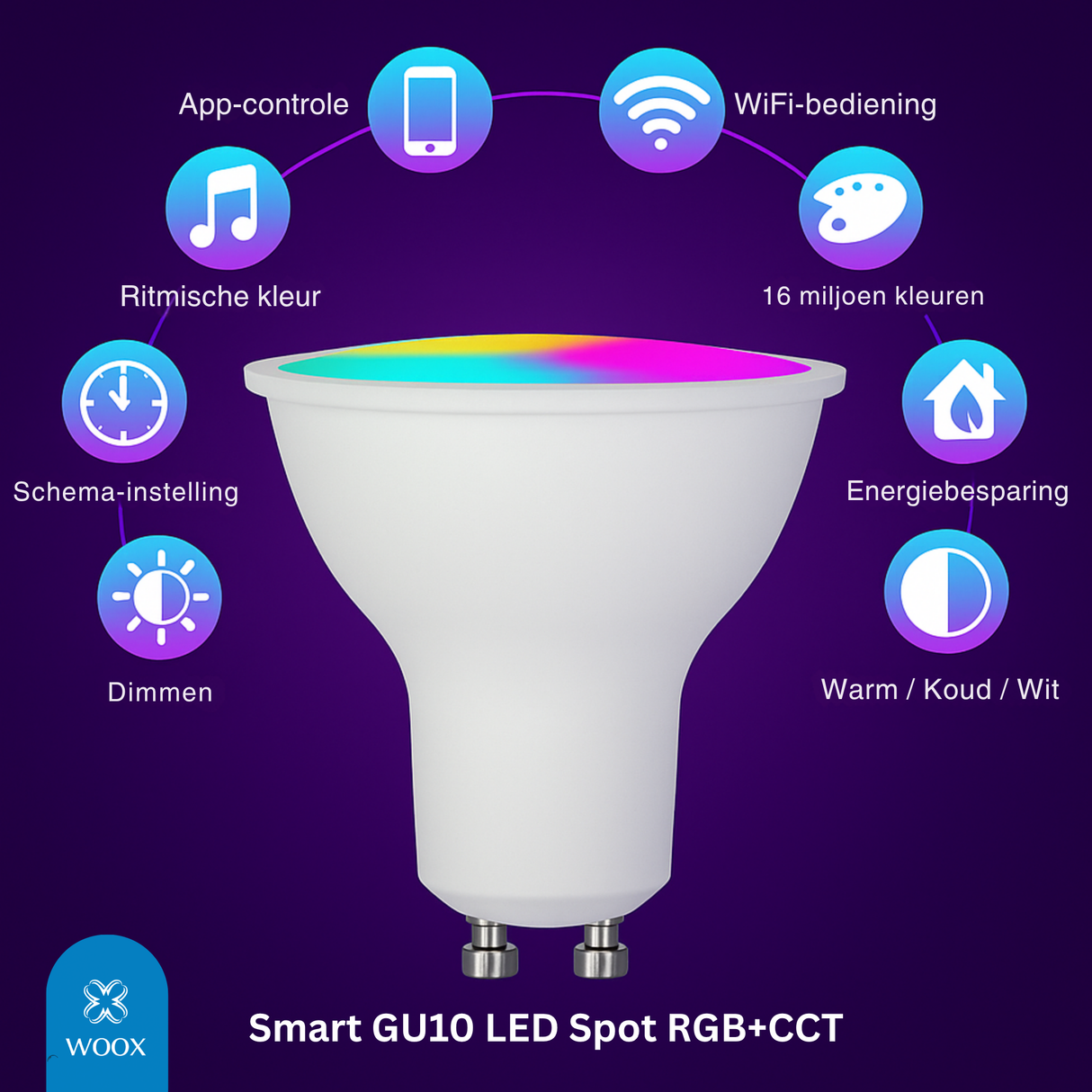 Woox Smart GU10 LED spot RGB+CCT with features on a purple background