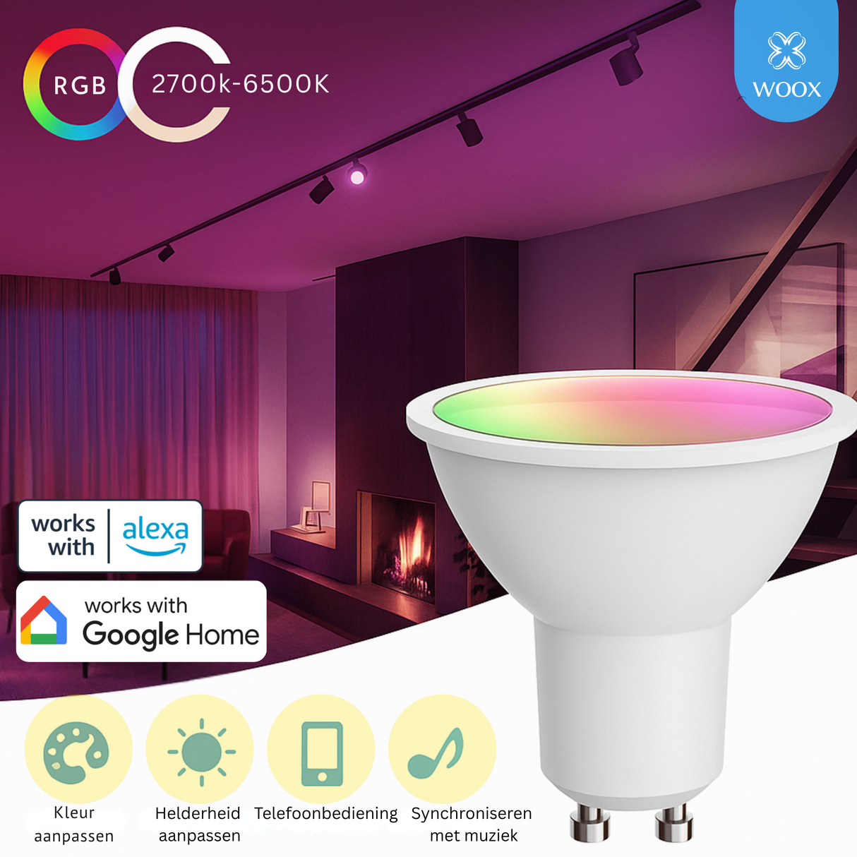 Smart light bulb with RGB color options and compatibility with Alexa and Google Home in a room setting.