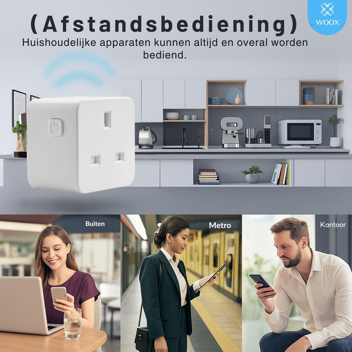 Smart home device with text about remote control, shown in a kitchen setting.