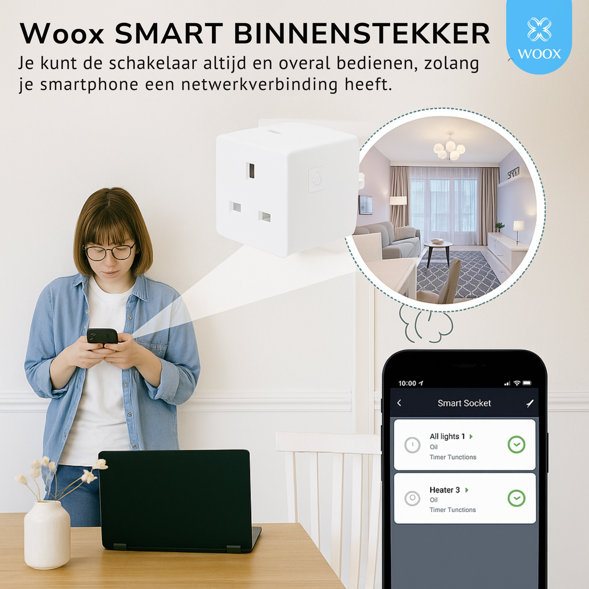 Woman using smartphone to control smart indoor plug with app interface displayed