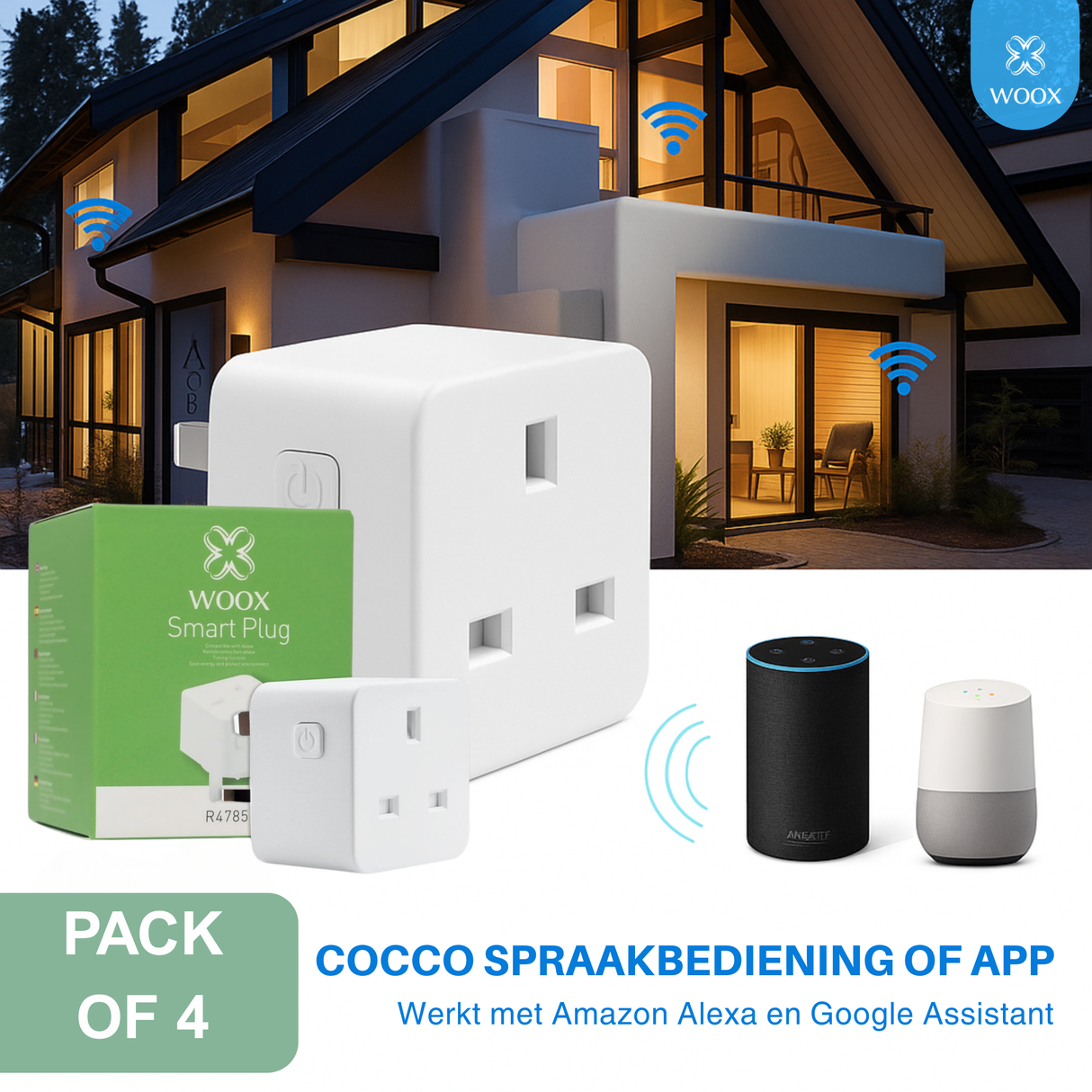 Smart plug with smartphone app control and timer function display, featuring WOOX branding.