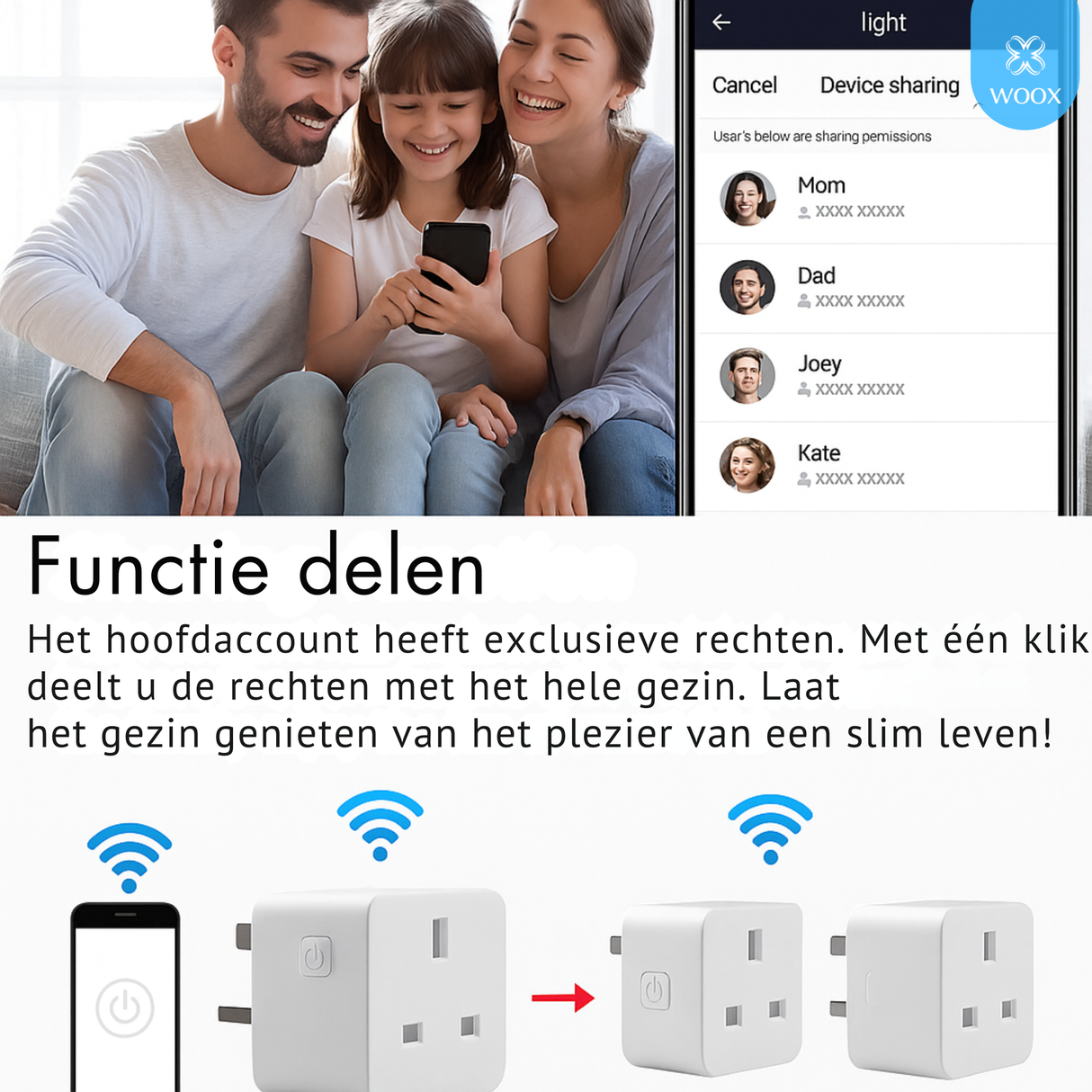 Family using a smartphone with smart home device interface displayed