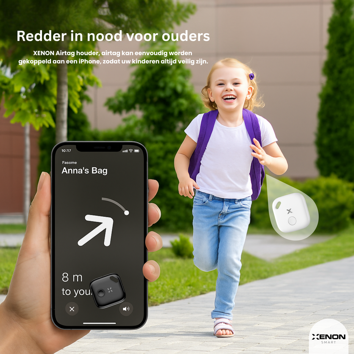 Child with a backpack and smartphone app showing location, with XENON airtag holder in the background.
