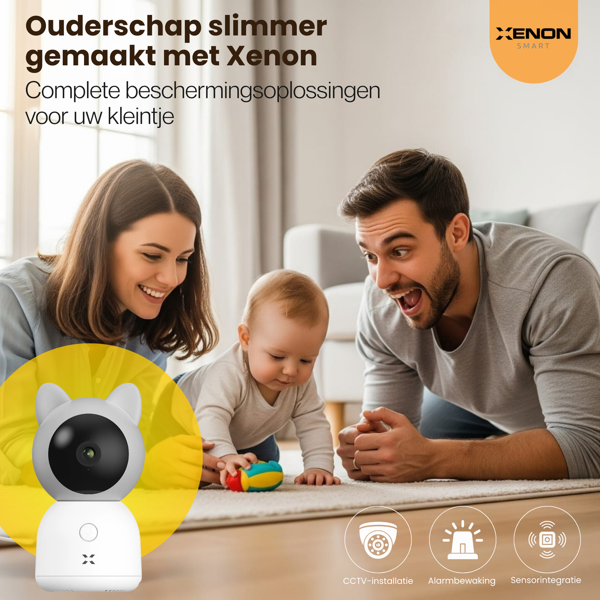 Family with a baby playing on the floor, with a product and Xenon Smart Baby Camera branding in the foreground.