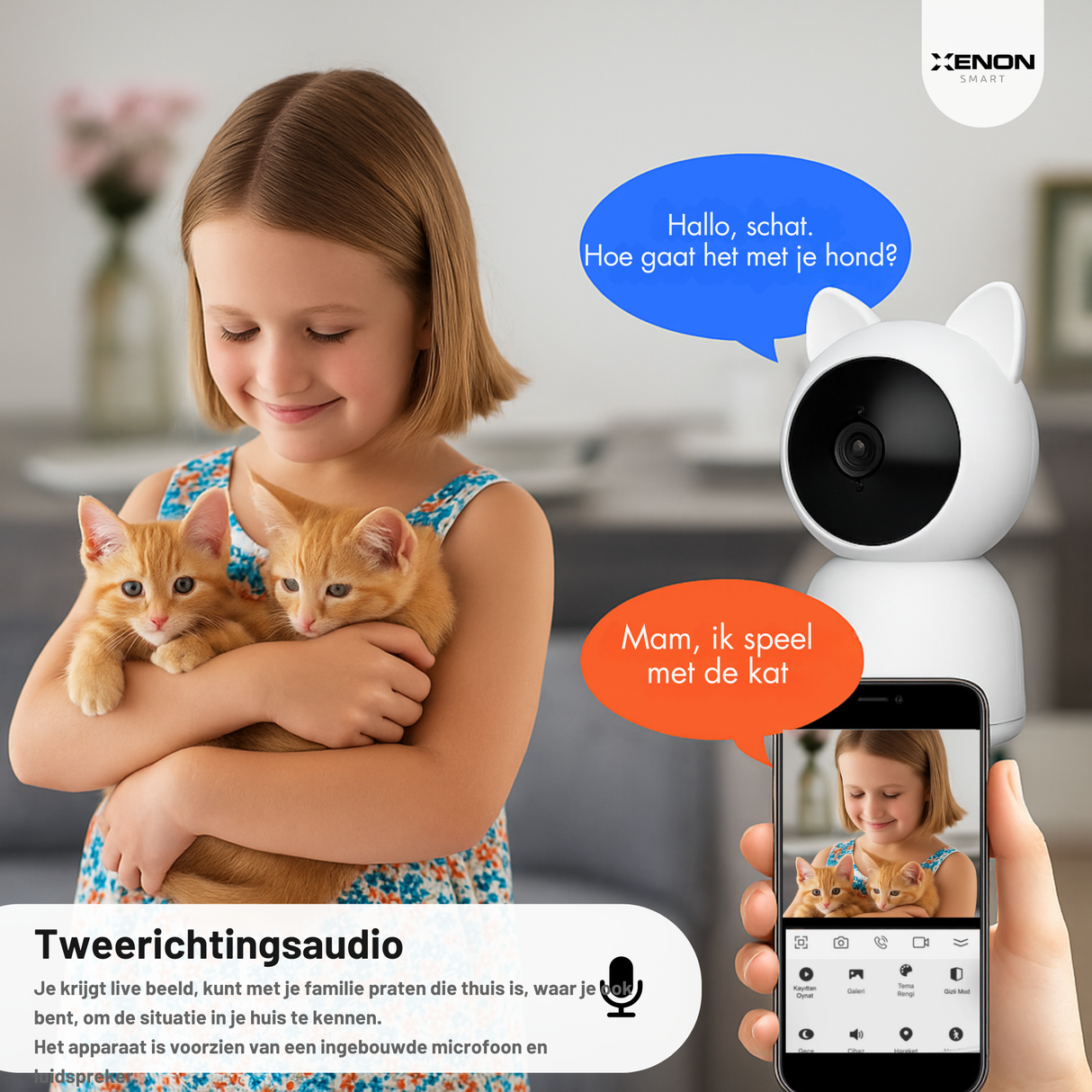Child holding two kittens with a robot dog and smartphone interface in a kitchen setting.