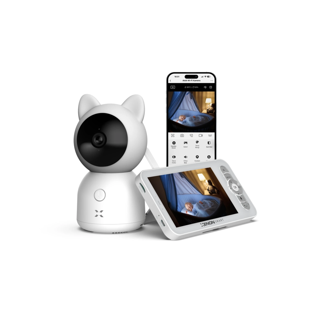 White pet camera with smartphone displaying app interface on a white background