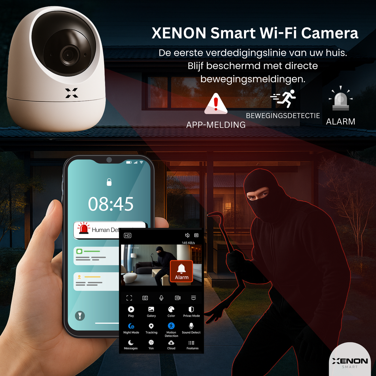 XENON Smart Wi-Fi Camera with smartphone app interface and burglar illustration, emphasizing security features.