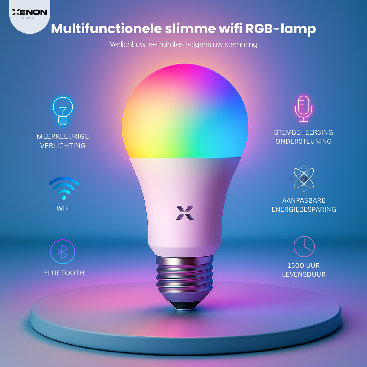 Smart Wi-Fi RGB bulb with colorful light on a blue background, featuring Xenon brand.