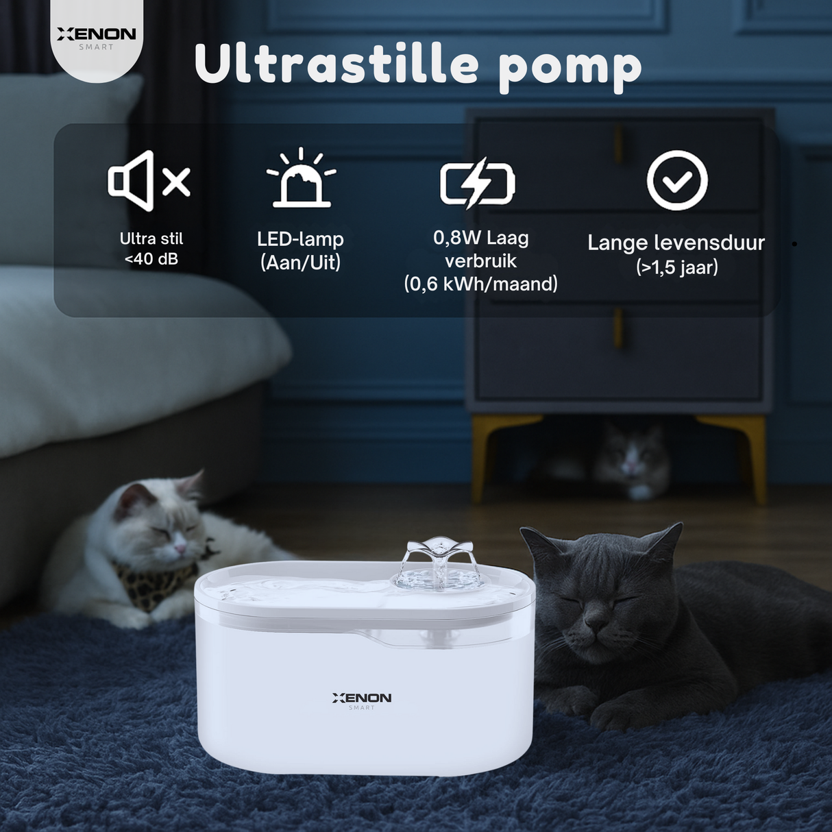 Xenon ultrastille pomp with cats in a room, highlighting features like ultra-still operation and LED lamp.