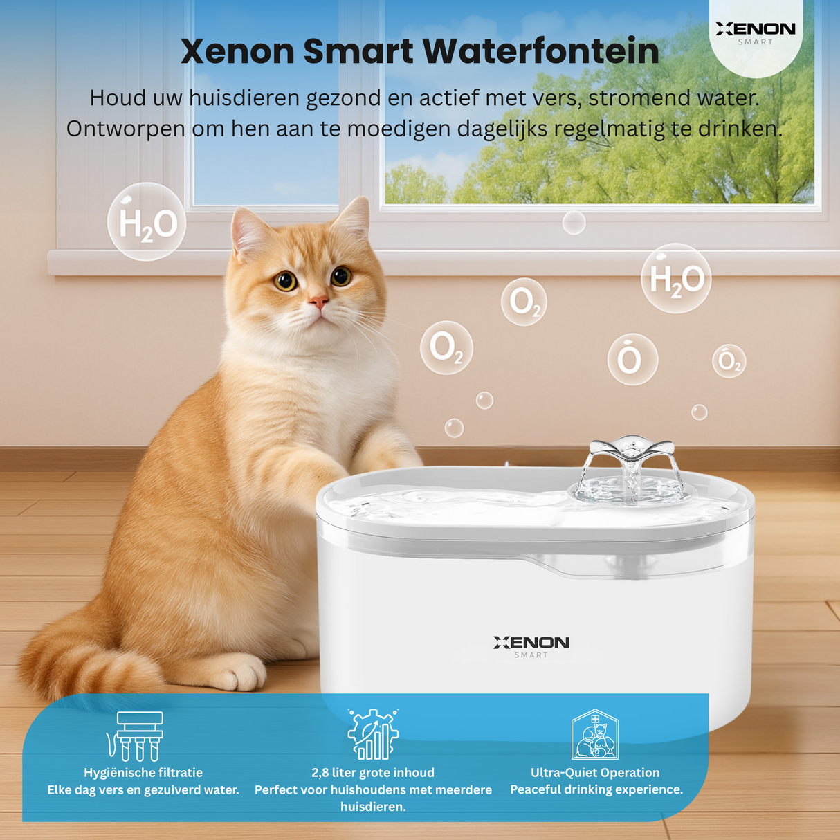 Xenon Smart Water Fountain with a cat sitting next to it, featuring product details.