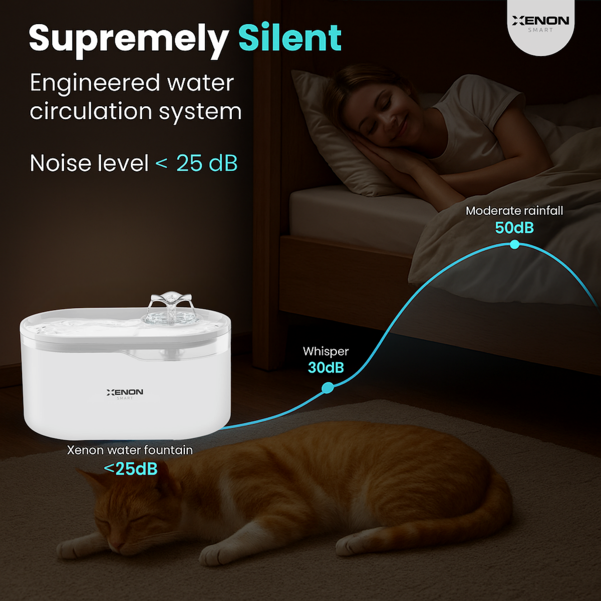 Xenon water fountain with a cat and person sleeping, highlighting its silent operation.