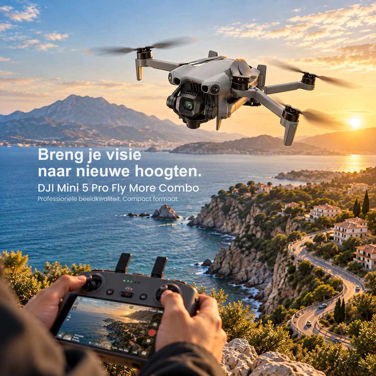 DJI Mini 5 Pro Fly More Combo drone – drone boven kustplaats bij zonsondergang met RC 2