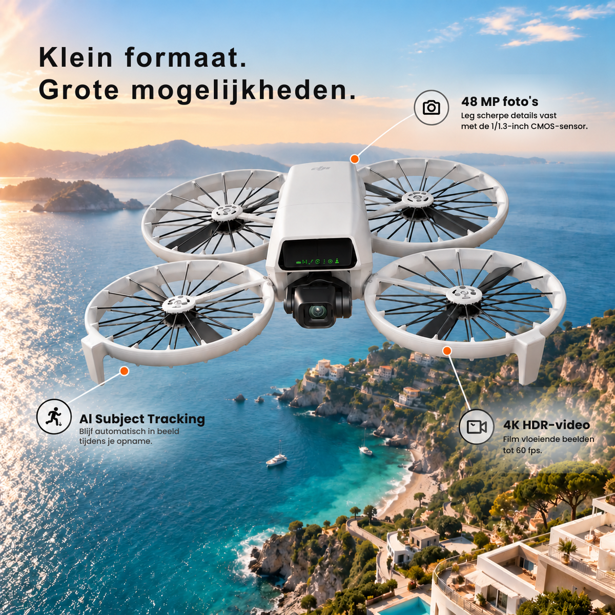 DJI Flip opvouwbare drone met 4K HDR-camera – compacte drone boven kustlijn met AI-onderwerptracking