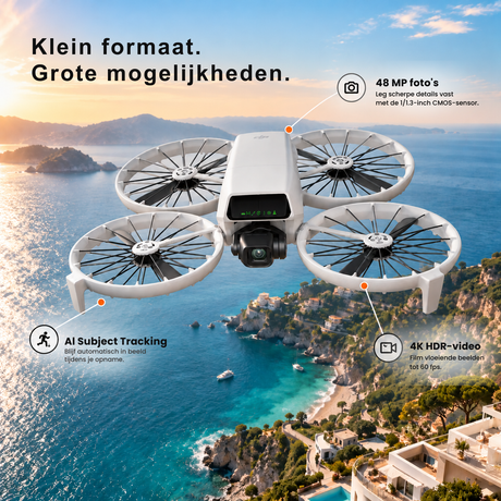 DJI Flip opvouwbare drone met 4K HDR-camera – compacte drone boven kustlijn met AI-onderwerptracking