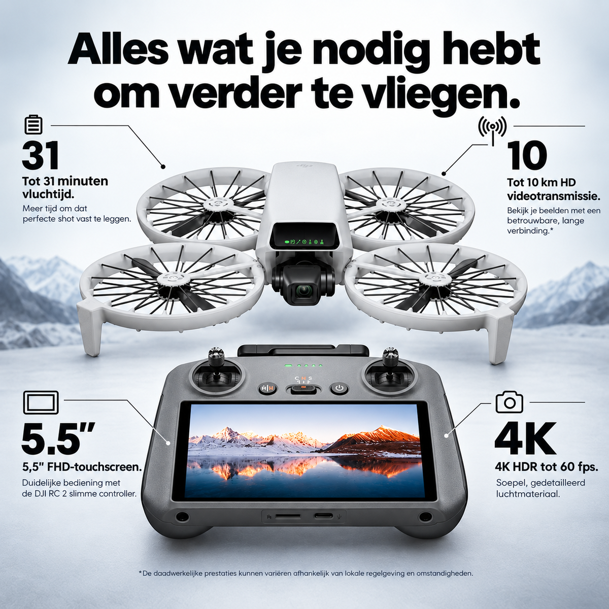 DJI Flip opvouwbare drone met 4K HDR-camera – set met 5,5-inch scherm en 4K-camera om verder te vliegen