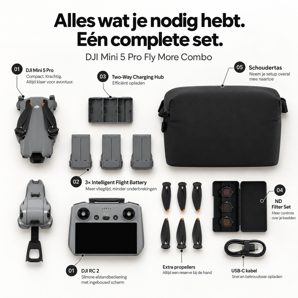 DJI Mini 5 Pro Fly More Combo drone – complete set met drone, accu's, laadhub, tas en controller