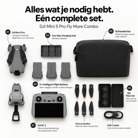 DJI Mini 5 Pro Fly More Combo drone – complete set met drone, accu's, laadhub, tas en controller