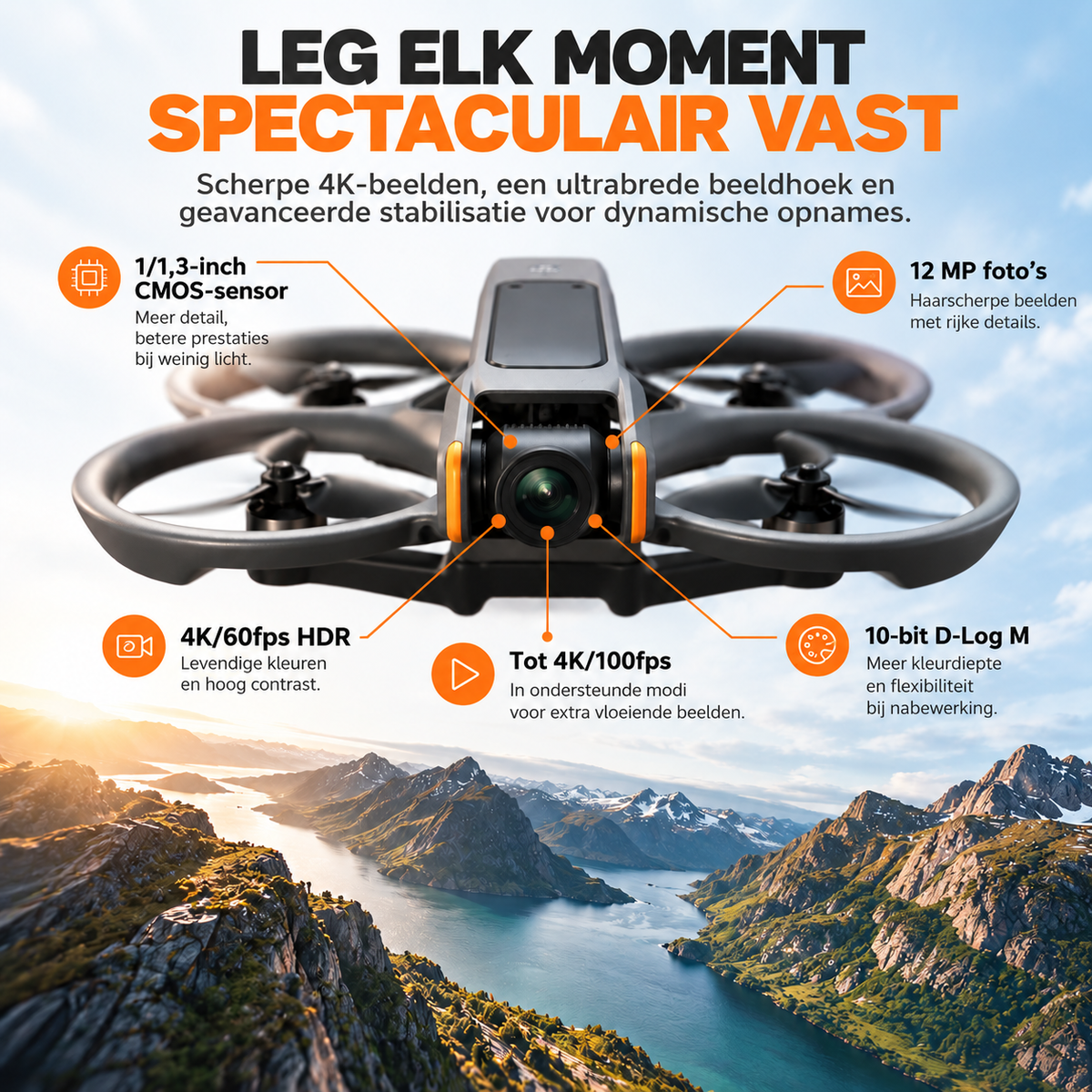 DJI Avata 2 Fly More Combo FPV-drone met Goggles 3 – drone filmt spectaculair fjordlandschap in 4K
