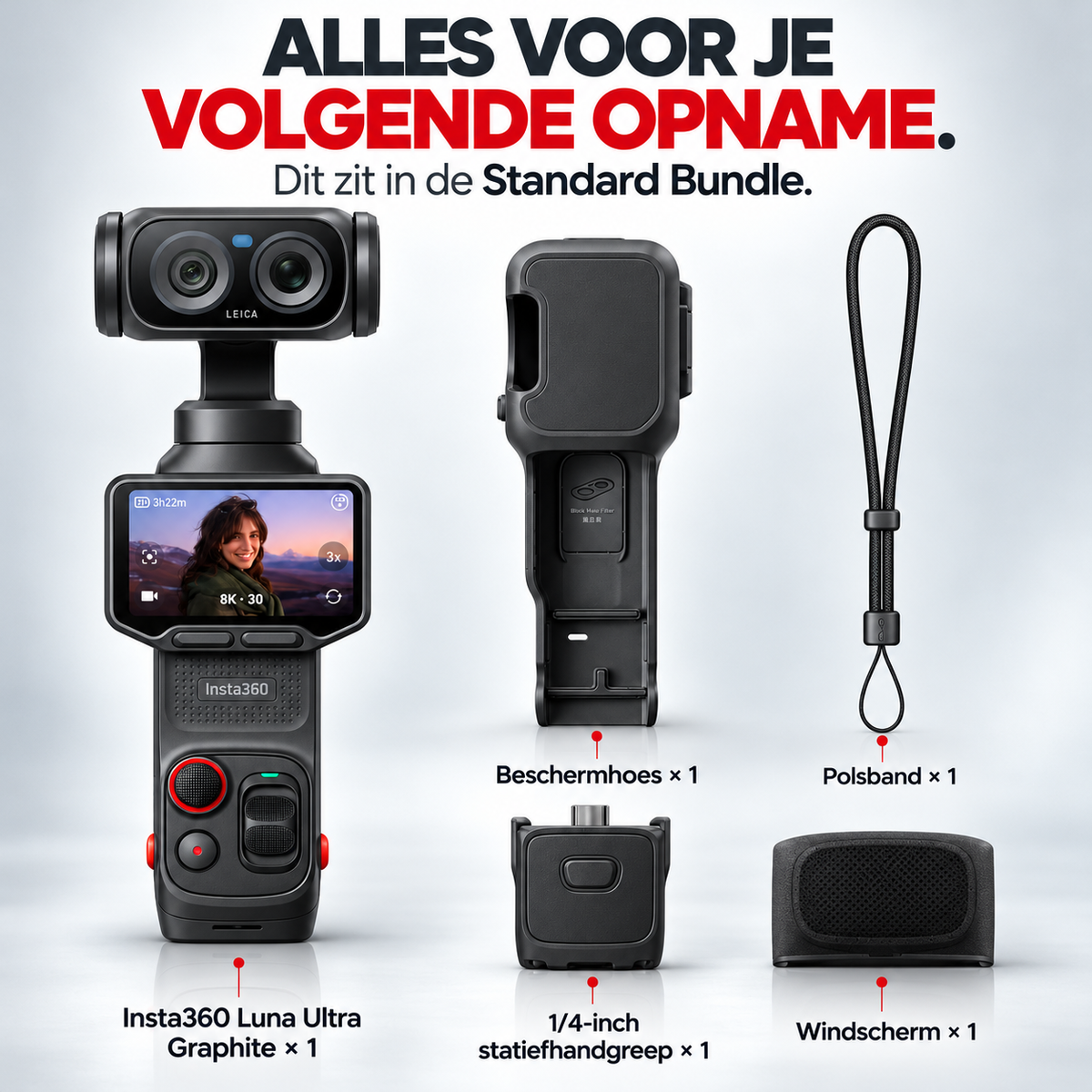 Insta360 Luna Ultra Standard Bundle gimbalcamera Cosmic Black – inhoud van de Standard Bundle met hoes en polsband