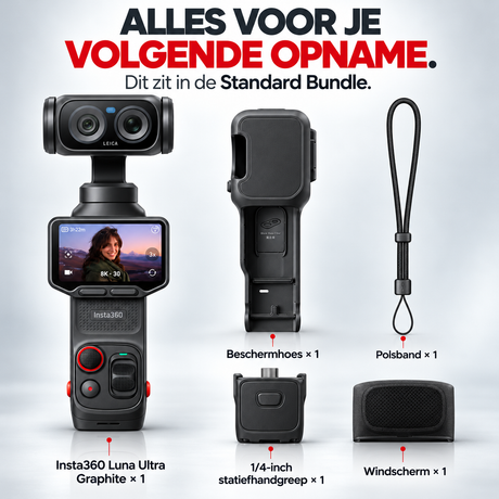 Insta360 Luna Ultra Standard Bundle gimbalcamera Cosmic Black – inhoud van de Standard Bundle met hoes en polsband
