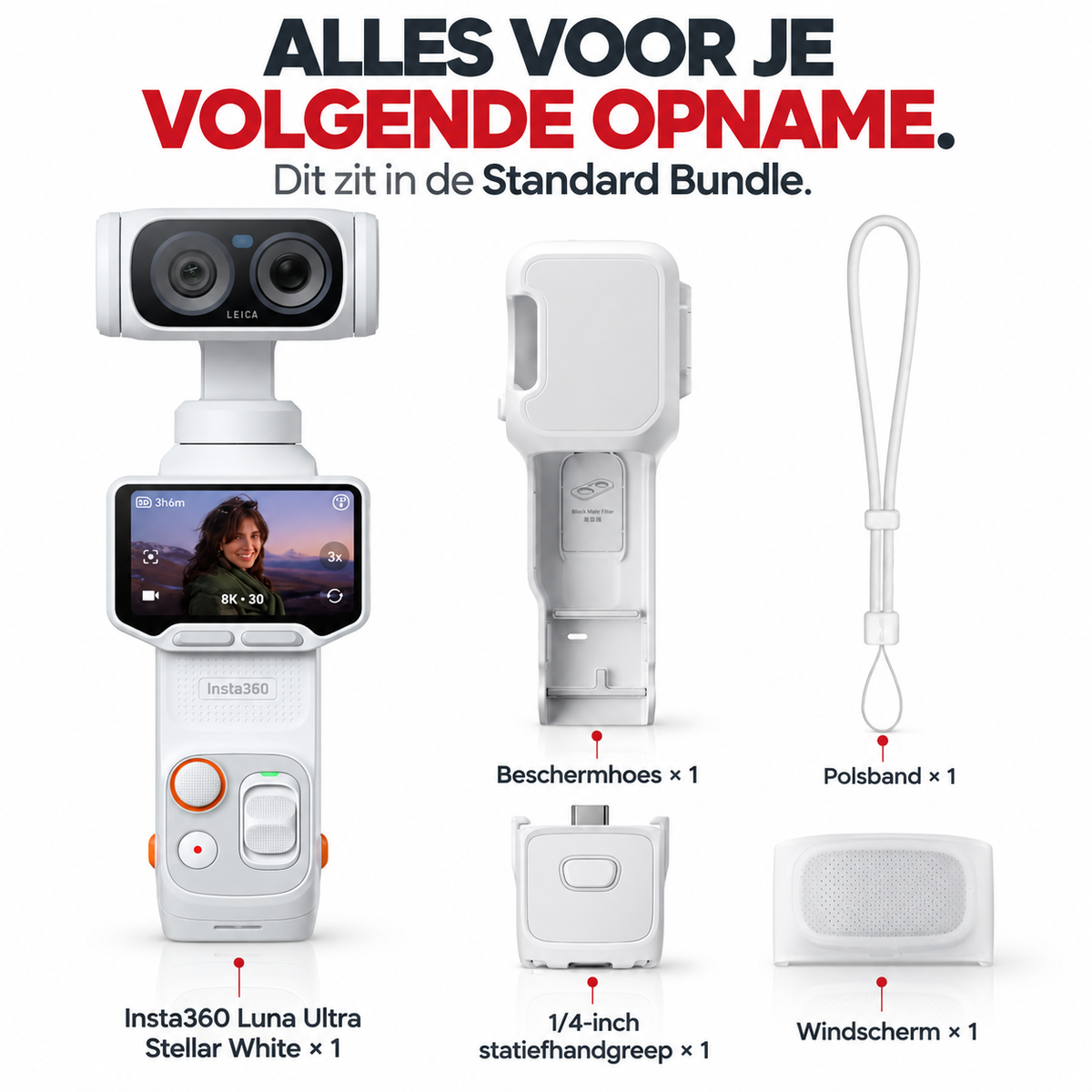 Insta360 Luna Ultra Standard Bundle gimbalcamera Stellar White – inhoud van de Standard Bundle met hoes en polsband