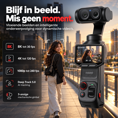 Insta360 Luna Ultra Standard Bundle gimbalcamera Cosmic Black – vrouw in de stad gefilmd met slimme tracking in avondlicht