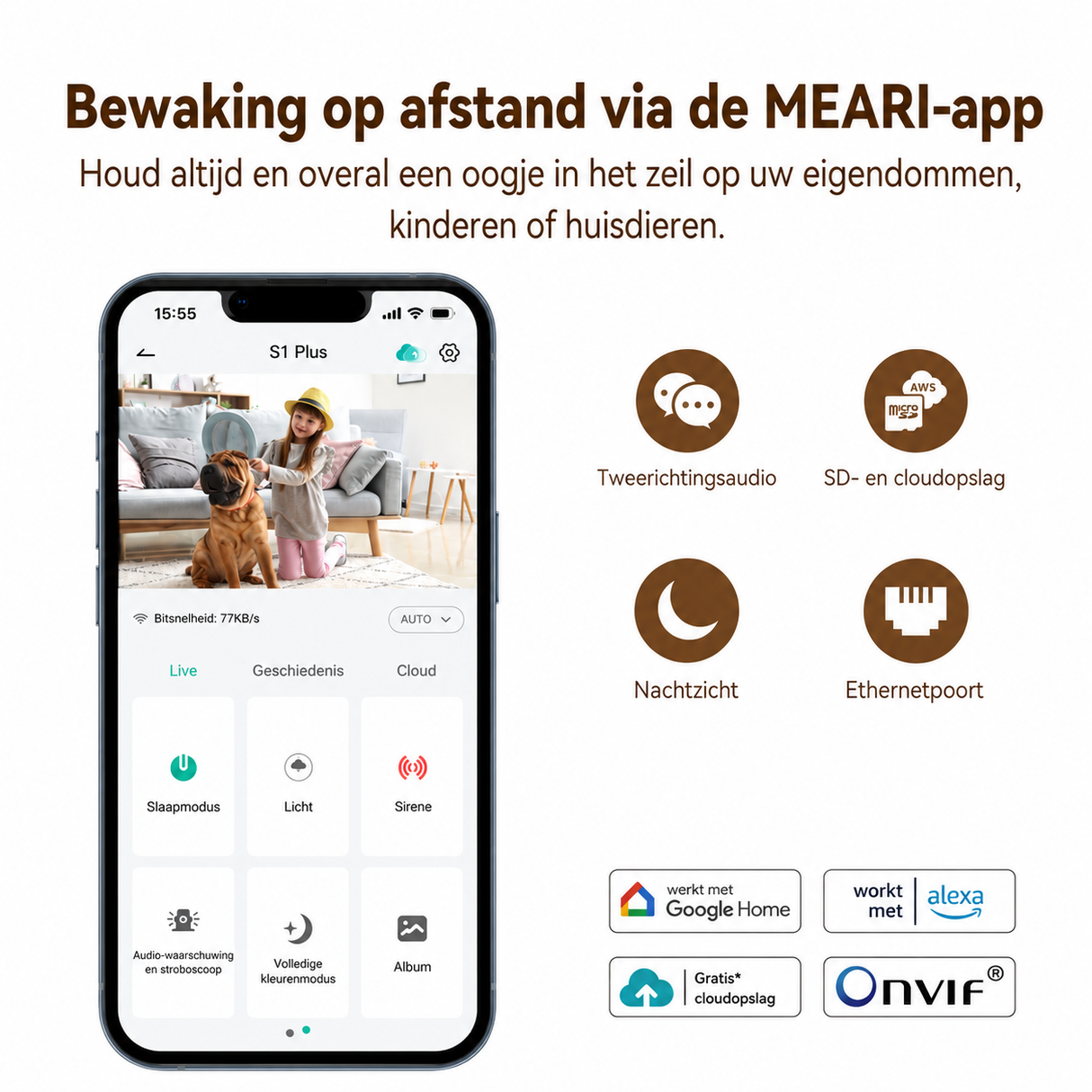 MEARI S1 Plus AI Beveiligingscamera binnen - Huisdiercamera met app -Beveiligingscamera's - Wifi Camera APP - 2K - QHD - Volgt beweging en geluidsdetectie - Bewakingscamera