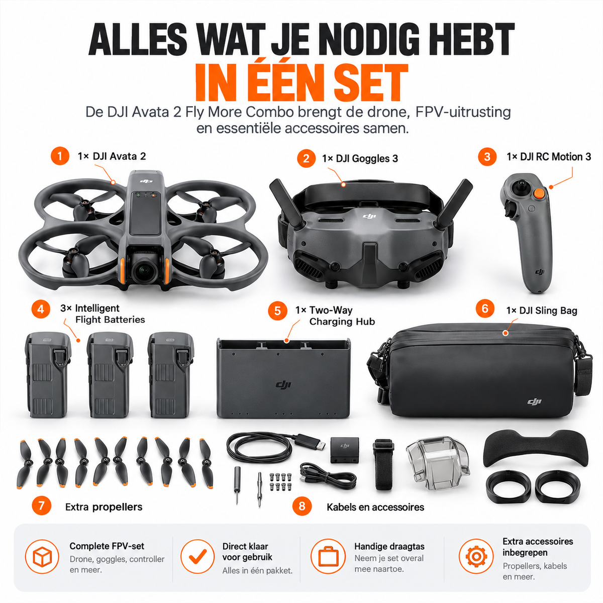 DJI Avata 2 Fly More Combo FPV-drone met Goggles 3 – complete set met drone, goggles, accu's, propellers en tas