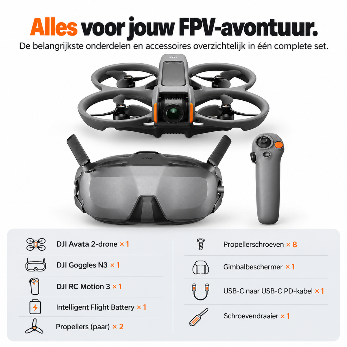 DJI Avata 2 Fly Smart Combo FPV-drone met Goggles N3 – inhoud van de Fly Smart Combo met drone, goggles en controller