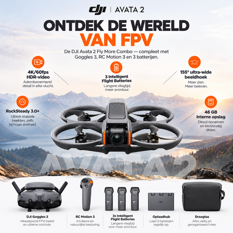 DJI Avata 2 Fly More Combo FPV-drone met Goggles 3 – overzicht van de Avata 2-combo met Goggles 3 en RC Motion 3