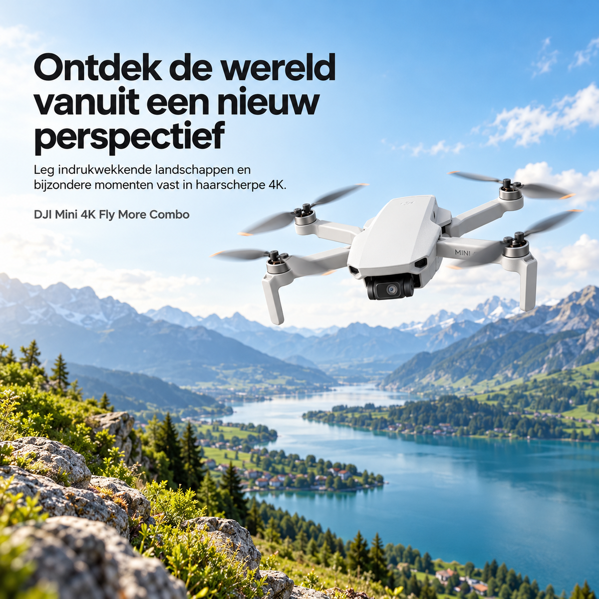 DJI Mini 4K Fly More Combo drone – drone boven bergmeer in de Alpen