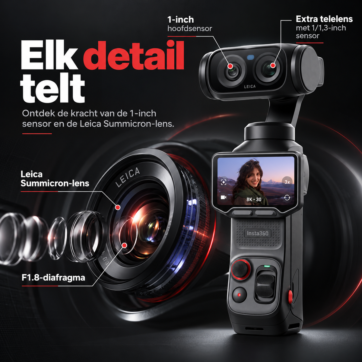 Insta360 Luna Ultra Standard Bundle gimbalcamera Cosmic Black – close-up van Leica-lens met 1-inch sensor