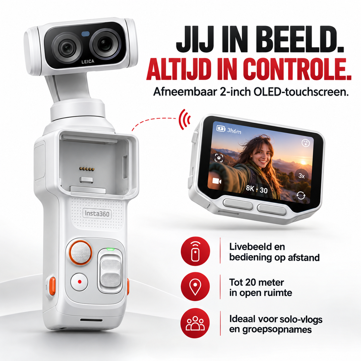 Insta360 Luna Ultra Standard Bundle gimbalcamera Stellar White – afneembaar 2-inch OLED-touchscherm met live bediening