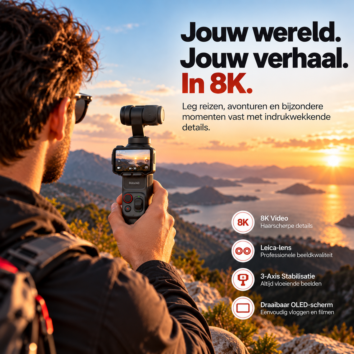 Insta360 Luna Ultra Standard Bundle gimbalcamera Cosmic Black – vlogger filmt een zonsondergang in 8K