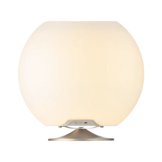 Kooduu Sphere Brushed Silver sfeerlamp met Bluetooth-speaker en wijnkoeler – bolvormige lamp op geborsteld zilveren voet