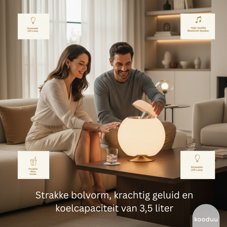 Couple using a spherical cooler with a lamp in a modern living room, featuring text about product features and brand.