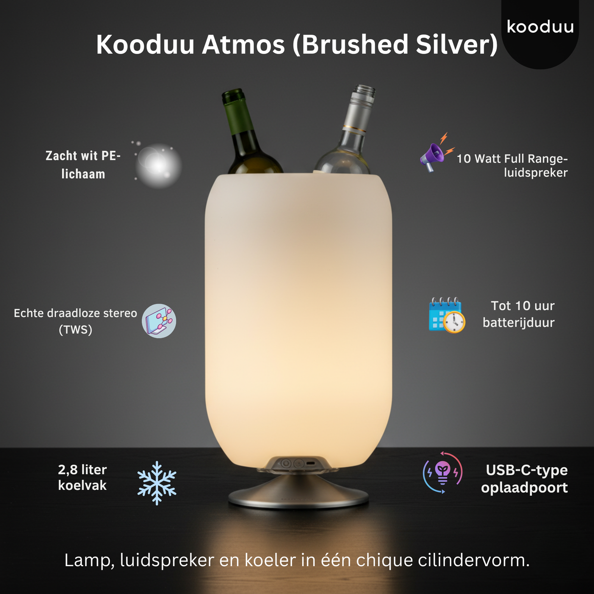 Kooduu Atmos lamp with wine bottles, featuring text on its features.