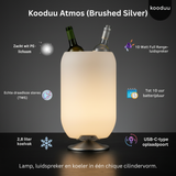 Kooduu Atmos lamp with wine bottles, featuring text on its features.