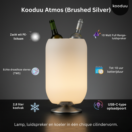 Kooduu Atmos lamp with wine bottles, featuring text on its features.
