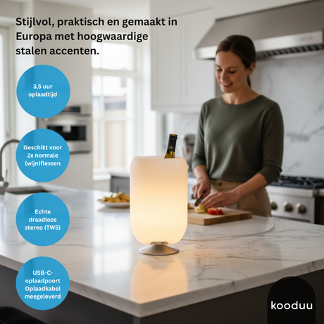 Woman in a kitchen with a modern ice bucket and speaker, featuring text about its features.