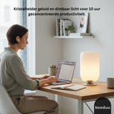 Person working on a laptop with a lamp on a desk, text about crystal clear sound and dimmable light, Kooduu brand visible.