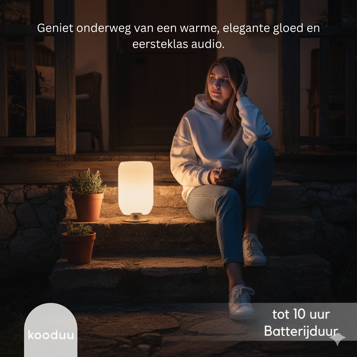 Person sitting on steps with a lamp next to them, enjoying a warm glow and premium audio.