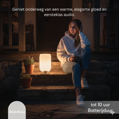 Person sitting on steps with a lamp next to them, enjoying a warm glow and premium audio.